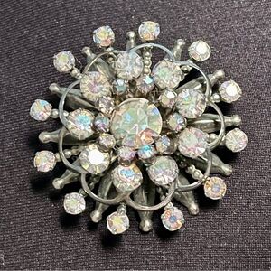 Vintage Silver Tone Aurora Borealis Crystal Brooch Pin Iridescent Swedge 2" D